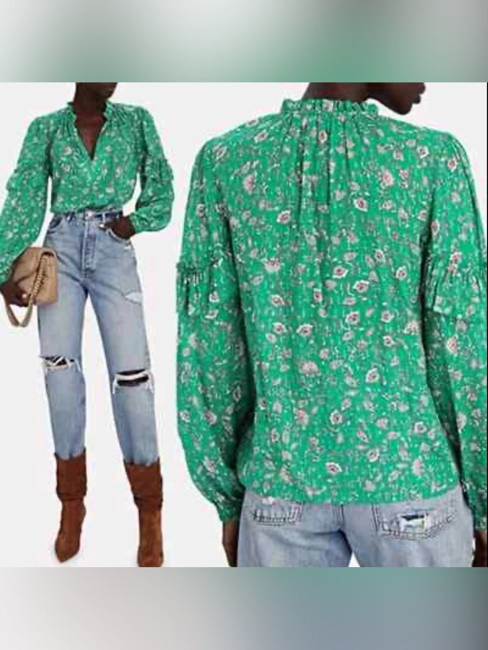 Intermix Marika Ruffled Fil Coupé blouse in green with a floral print. Sz Med